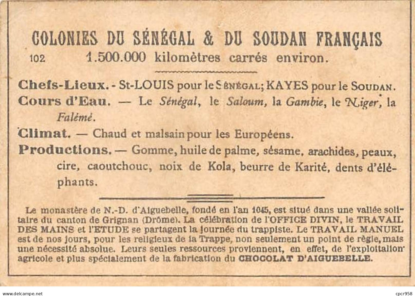 Chromos.AM14610.6x9 Cm Environ.Chocolat Aiguebelle.N°102.Carte Sénégal.St Louis.Gorée.Cap Vert - Aiguebelle