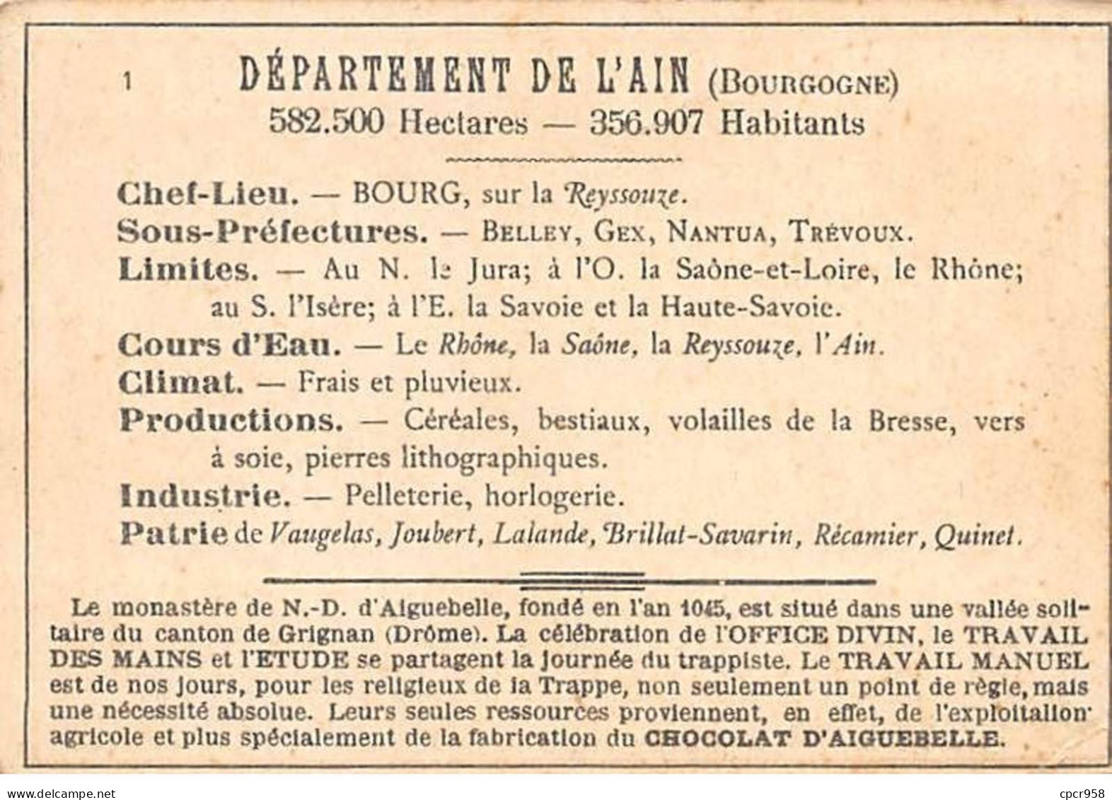 Chromos.AM14600.6x9 Cm Environ.Chocolat Aiguebelle.N°1.Carte Ain.Nantua.Ferney.Brou. - Aiguebelle