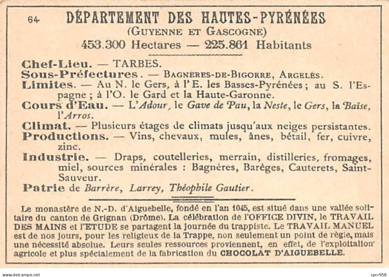 Chromos.AM14599.6x9 Cm Environ.Chocolat Aiguebelle.N°64.Carte Hautes-Pyrénées.Lourdes.Tarbes.Argeles.Cauterets - Aiguebelle