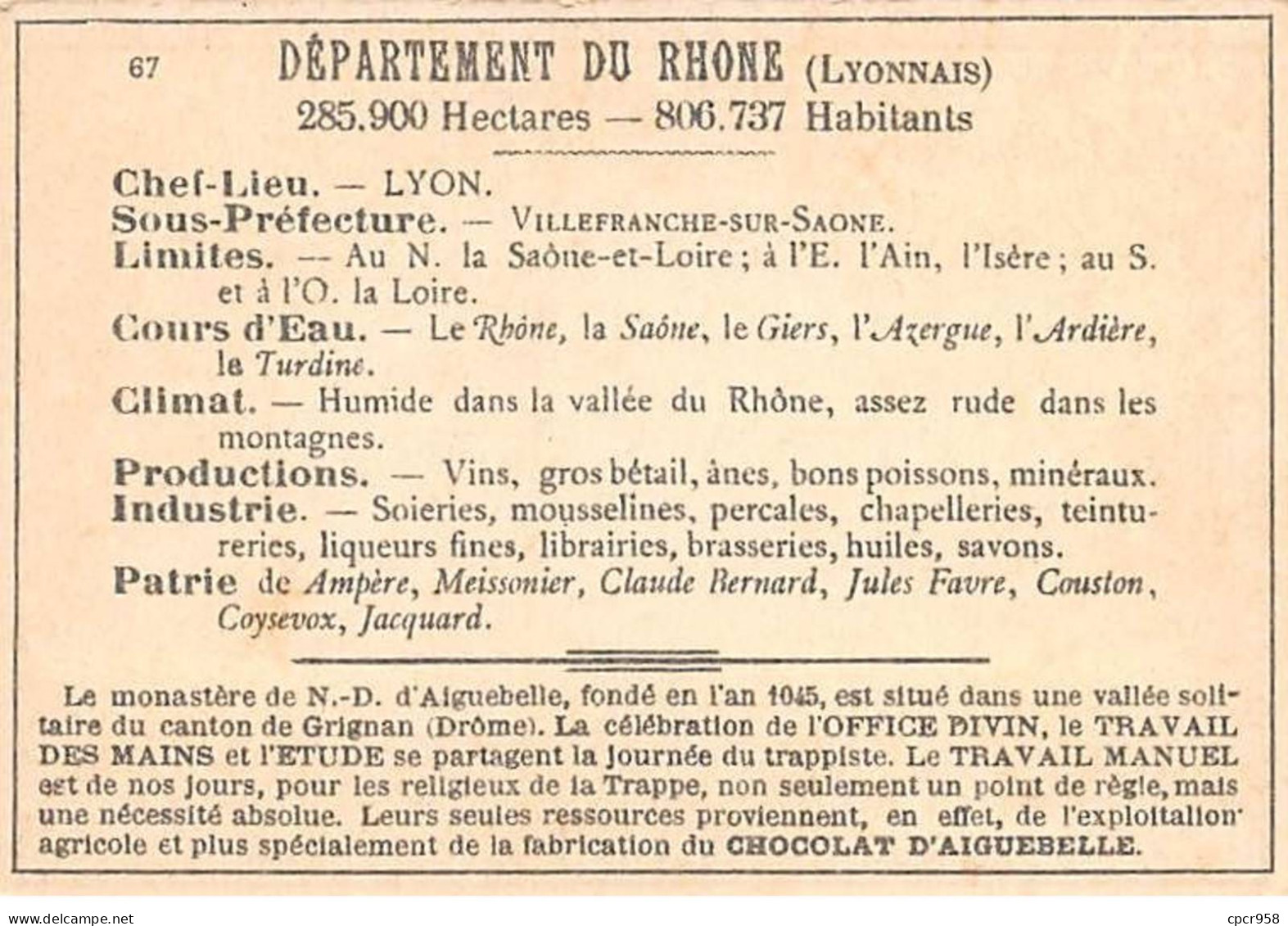 Chromos.AM14596.6x9 Cm Environ.Chocolat Aiguebelle.N°67.Carte Rhone.Saint Didier.Lyon.Mont D'Or.La Bourse - Aiguebelle