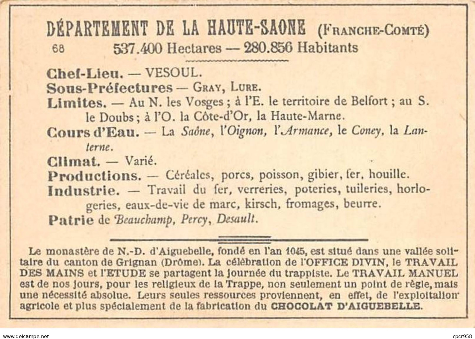 Chromos.AM14595.6x9 Cm Environ.Chocolat Aiguebelle.N°68.Carte Haute Saone.Vesoul.Luxeuil.Gray.Cherlieu.Faverney... - Aiguebelle