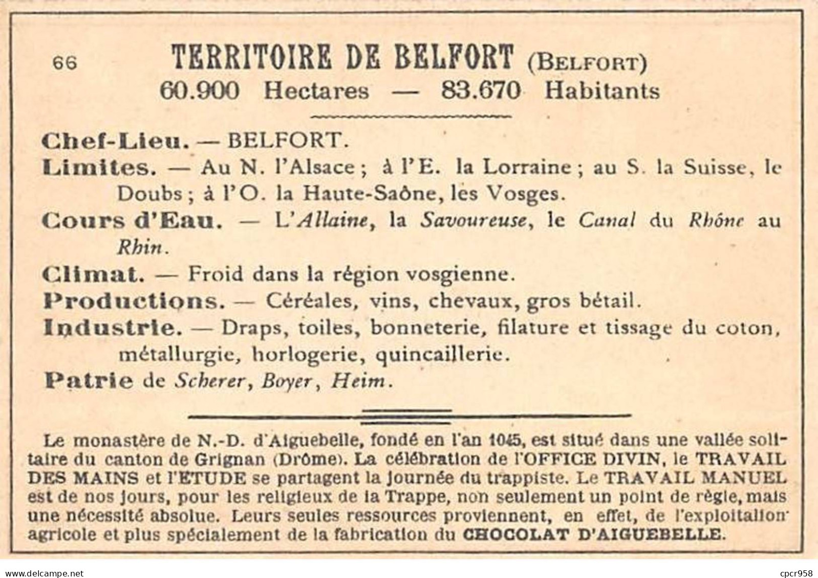Chromos.AM14597.6x9 Cm Environ.Chocolat Aiguebelle.N°66.Carte Territoire De Belfort - Aiguebelle