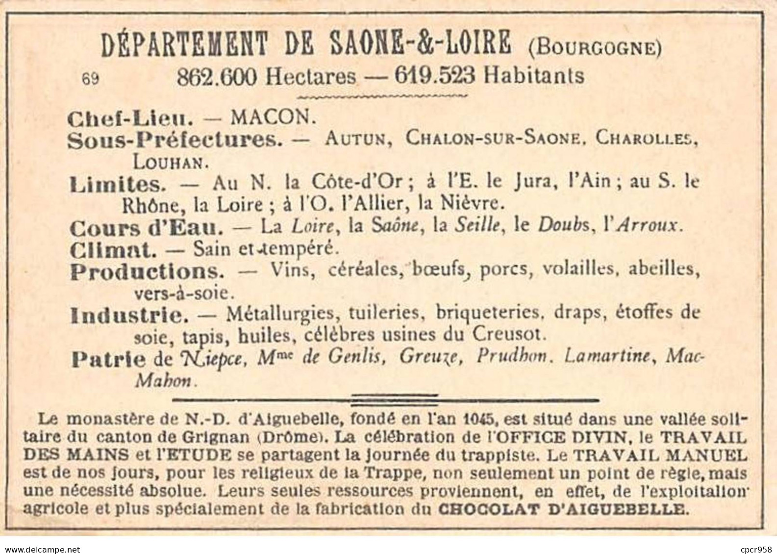 Chromos.AM14594.6x9 Cm Environ.Chocolat Aiguebelle.N°69.Carte Saone Et Loire.Cluny.Macon.Autun.Le Creusot - Aiguebelle