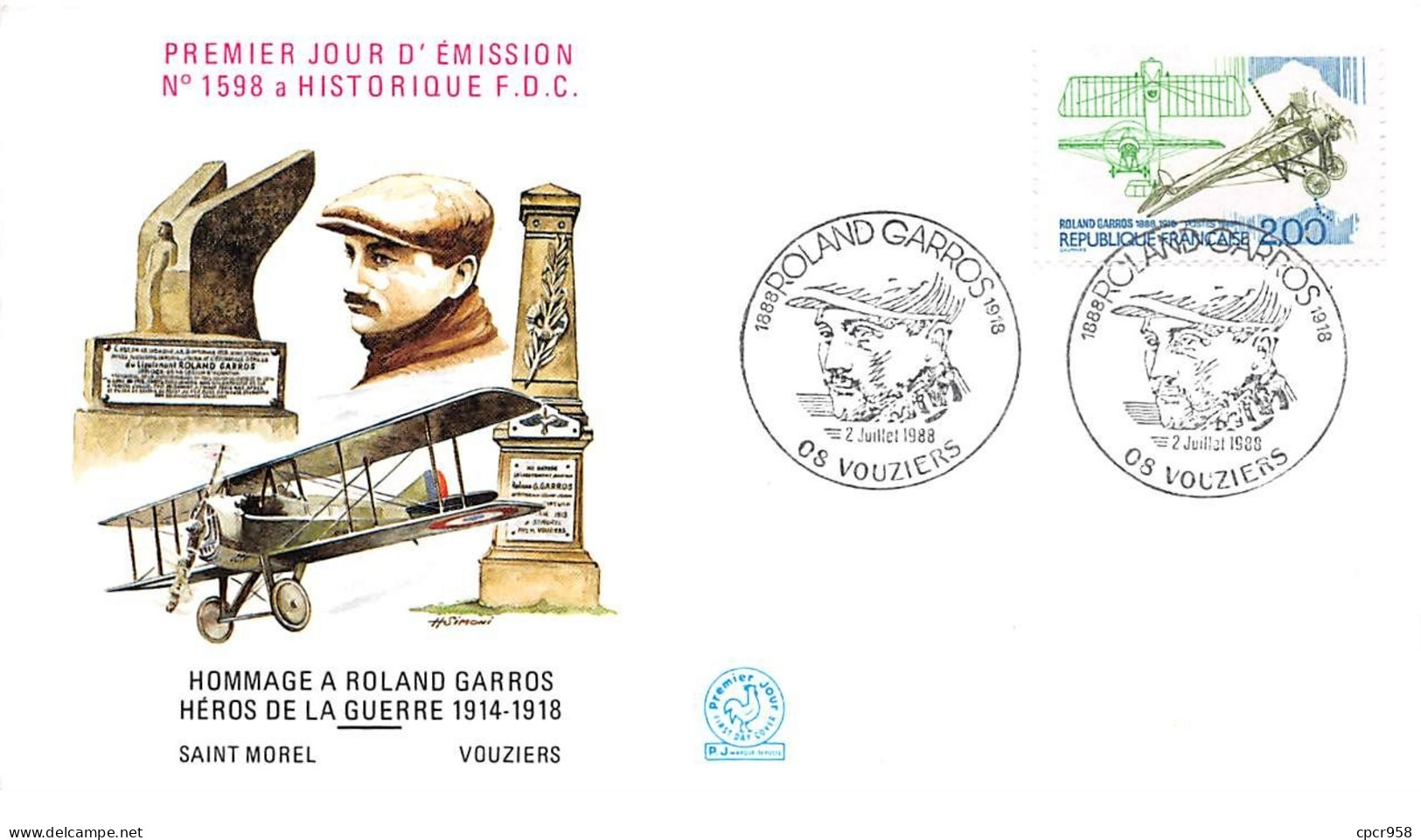 FRANCE.FDC.AM11978.02/07/1988.Cachet Vouziers.Hommage à Roland Garros - 1990-1999