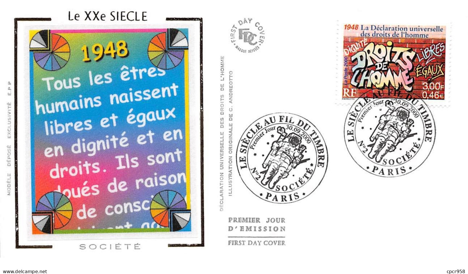 FRANCE.FDC.AM11961.30/09/2000.Cachet Paris.Société.Le XXe Siècle.La Déclaration Universelle Des Droits De L'homme 1948 - 2000-2009