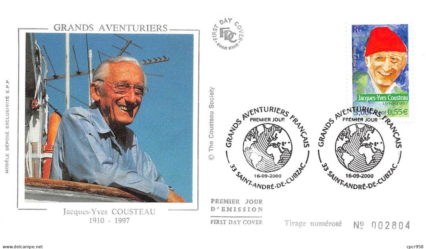 FRANCE.FDC.AM11952.16/09/2000.Cachet Saint-André-de-Cubzac.Grands Aventuriers.Jacques-Yves Cousteau.1910-1997 - 2000-2009