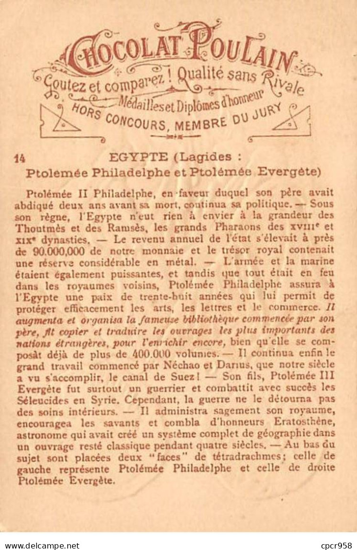 Chromos.AM14512.6x9 Cm Environ.Poulain.Histoire Générale Des Monnaies.N°14.Egypte.Ptolémée Philadelphe.Evergète - Poulain