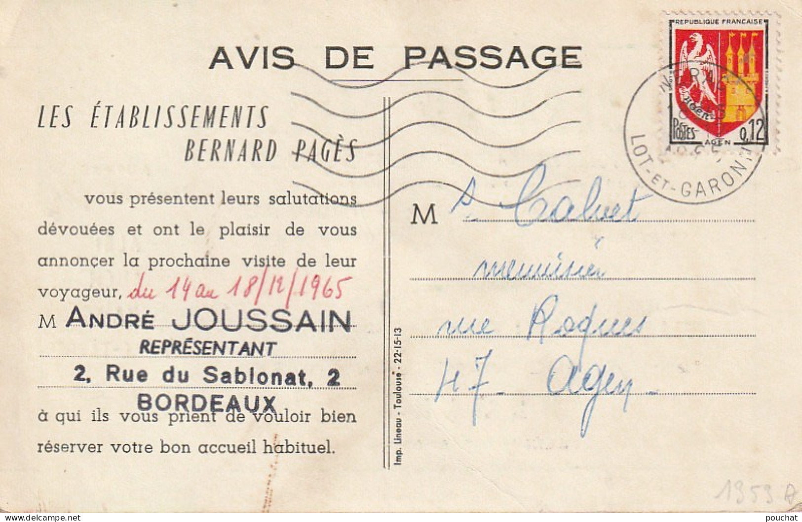 ZY 80- Ets BERNARD PAGES , PRODUITS METALLIQUES , TOULOUSE -  REPRES. A. JOUSSAIN , BORDEAUX - AVIS DE PASSAGE  - 1950 - ...