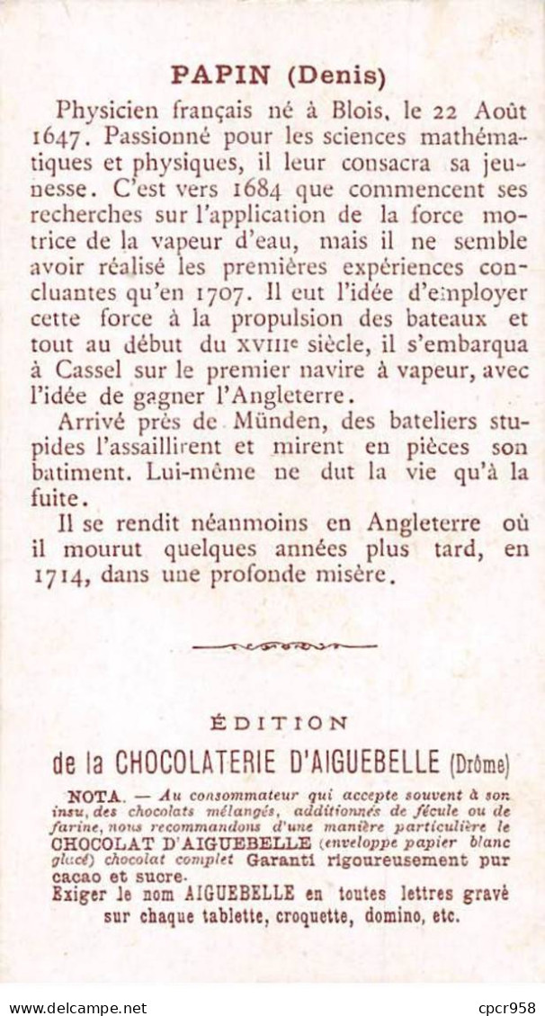 Chromos.AM14701.6x9 Cm Environ.Chocolat.Aiguebelle.Les Victimes De La Science.Denis Papin - Aiguebelle
