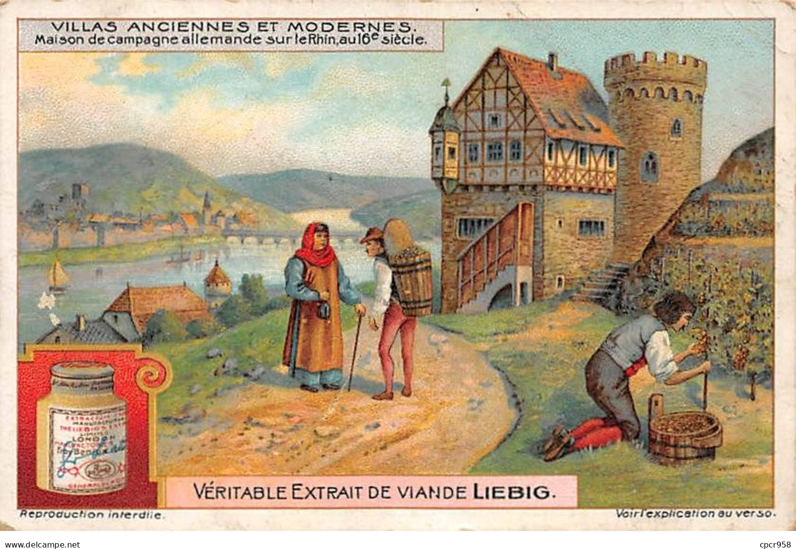 Chromos.AM15117.7x10 Cm Environ.Liebig.Villas Anciennes Et Modernes.Maison De Campagne Allemande Sur Le Rhin Au 16siècle - Liebig