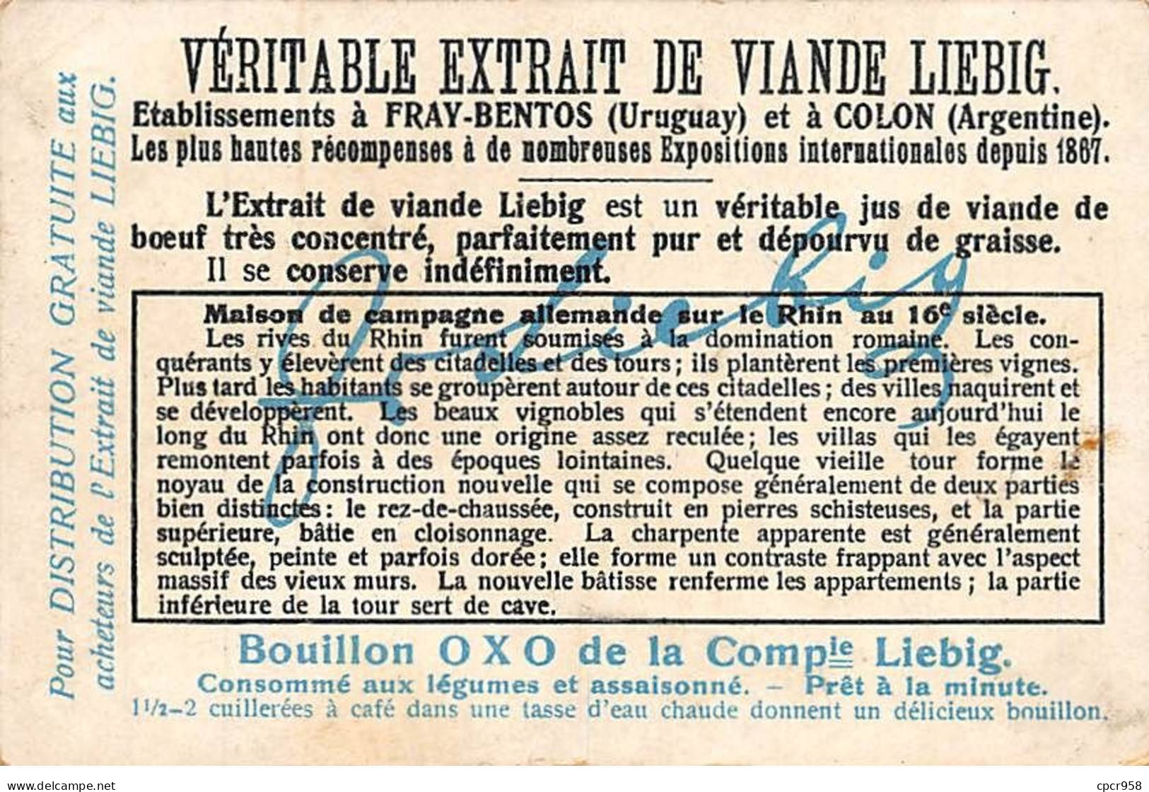 Chromos.AM15117.7x10 Cm Environ.Liebig.Villas Anciennes Et Modernes.Maison De Campagne Allemande Sur Le Rhin Au 16siècle - Liebig