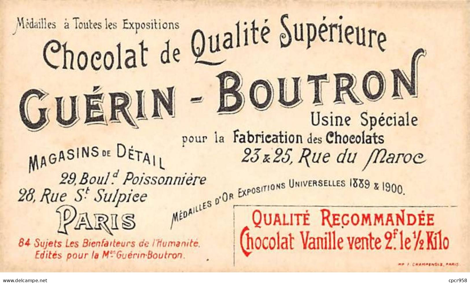 Chromos.AM16080.6x10 Cm Environ.Guérin-Boutron.Chocolat.Bienfaiteurs De L'humanité.Lafayette - Guérin-Boutron