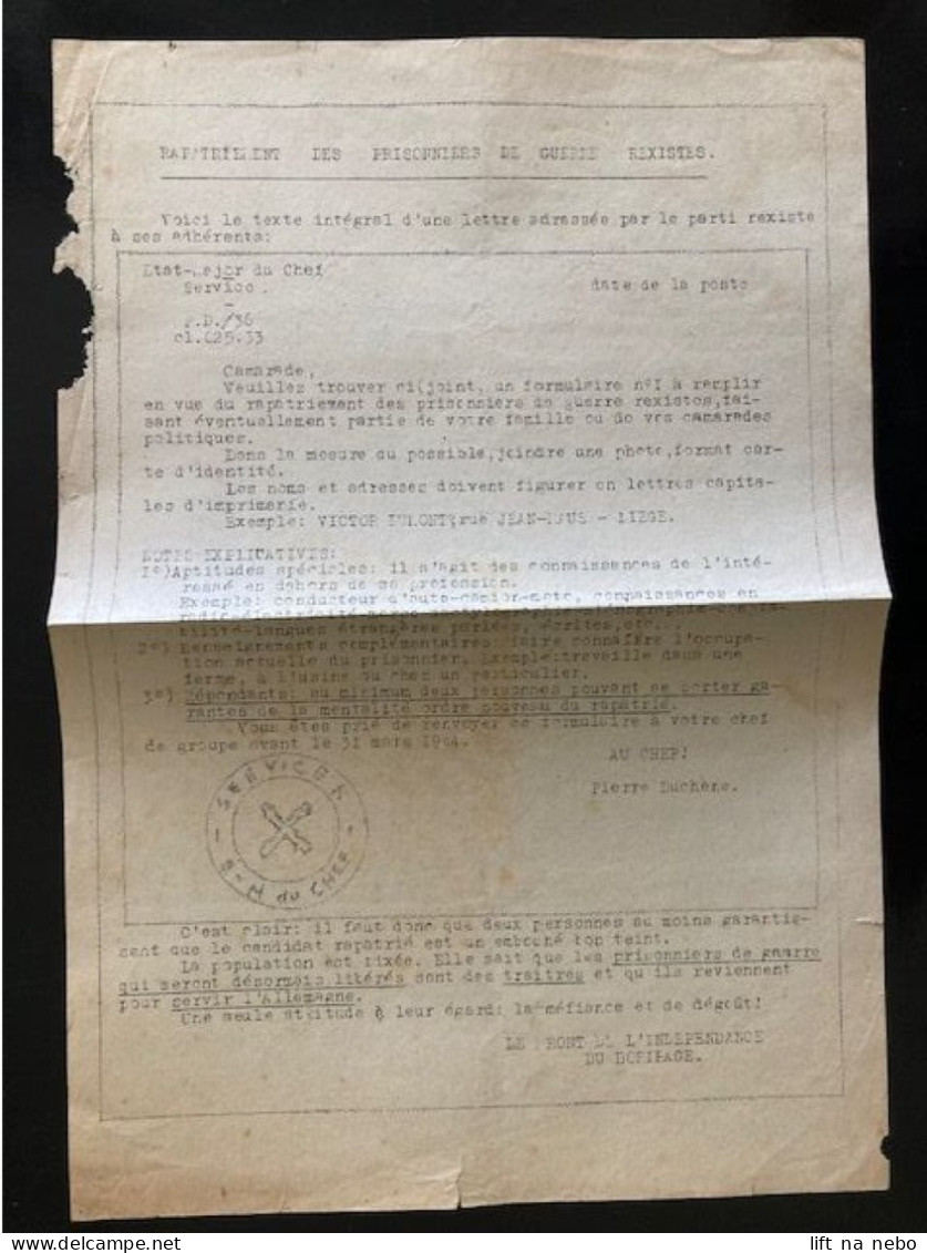 Tract Presse Clandestine Résistance Belge WWII WW2 'Rapatriement Des Prisonniers De Guerre Rexistes' - Documents