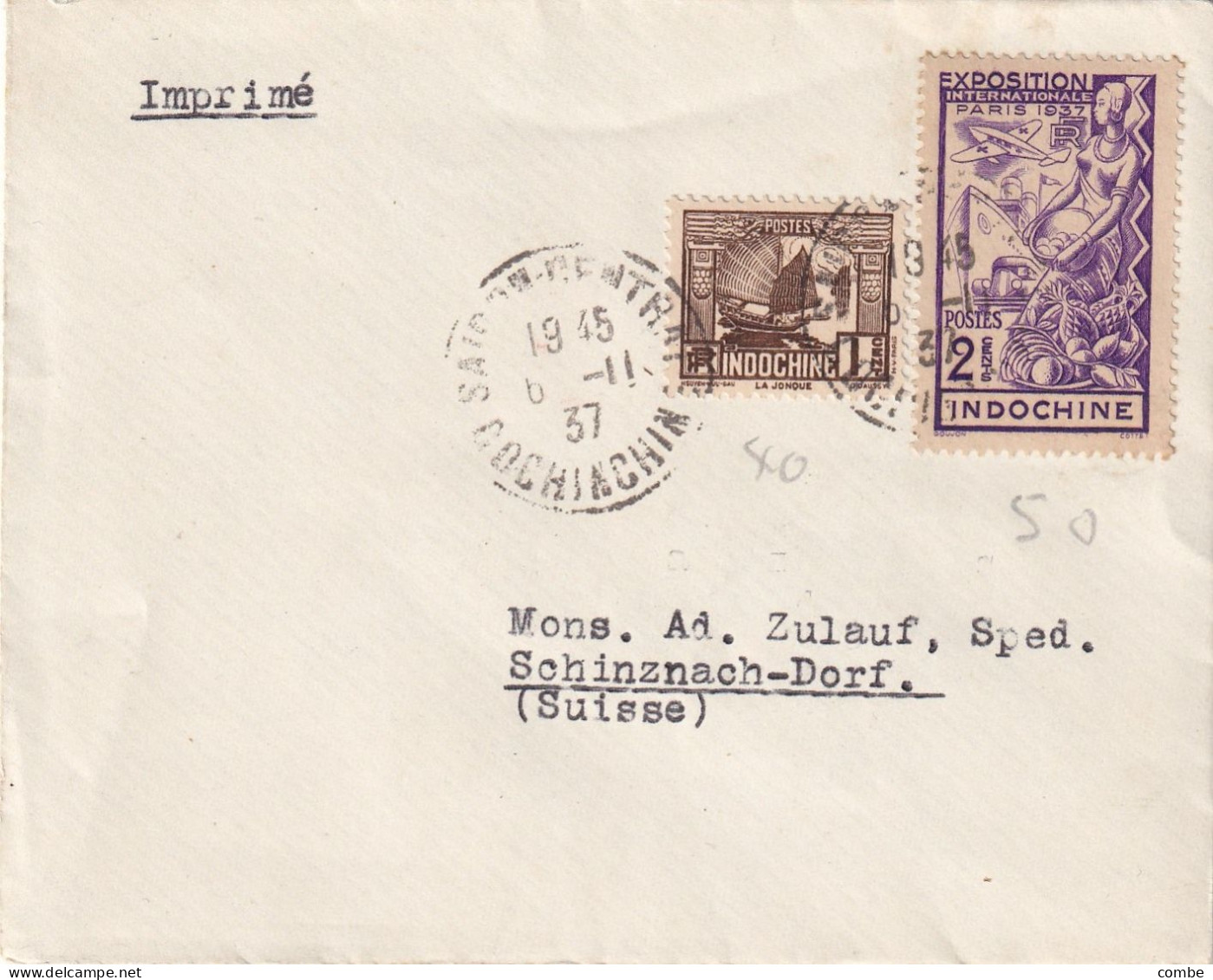 LETTRE INDOCHINE. 6 11 37. 3 CENT. TARIF IMPRIMÉ. SAIGON POUR SCHINZNACH. SUISSE - Briefe U. Dokumente