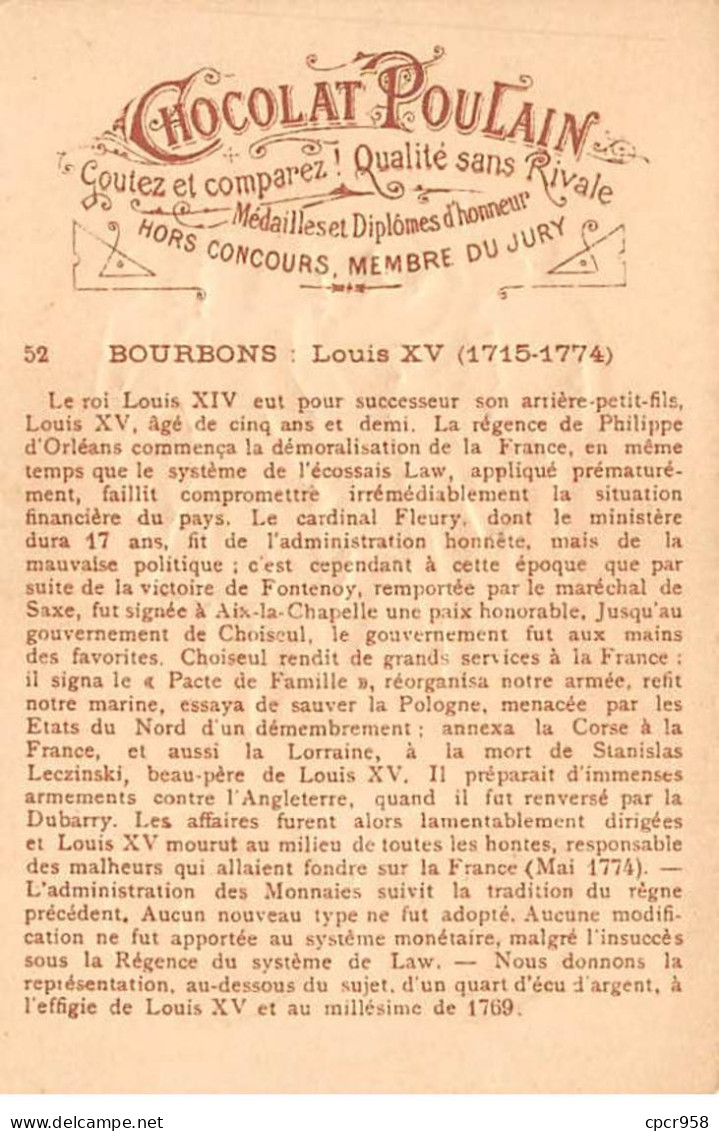 Chromos.AM14491.6x9 Cm Environ.Poulain.Histoire Générale Des Monnaies.N°52.Bourbons.Louis XV - Poulain