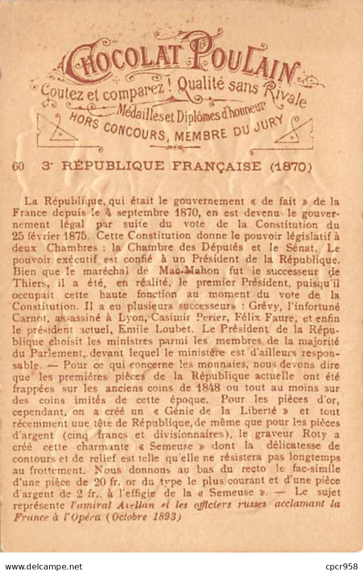 Chromos.AM14496.6x9 Cm Environ.Poulain.Histoire Générale Des Monnaies.N°60.France.III Ieme République - Poulain