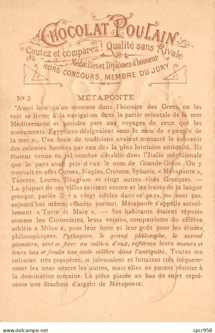 Chromos.AM14484.6x9 Cm Environ.Poulain.Histoire Générale Des Monnaies.N°3.GRande Grèce.Metaponte - Poulain