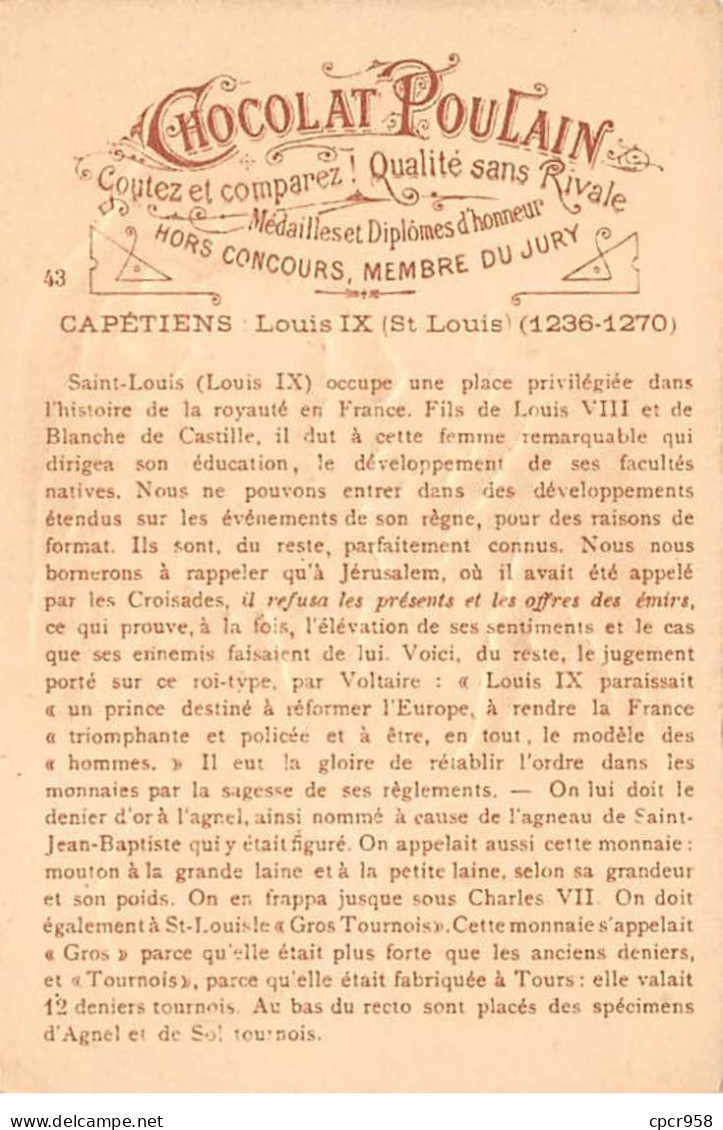 Chromos.AM14482.6x9 Cm Environ.Poulain.Histoire Générale Des Monnaies.N°43.France-Capétiens.Louis IX - Poulain