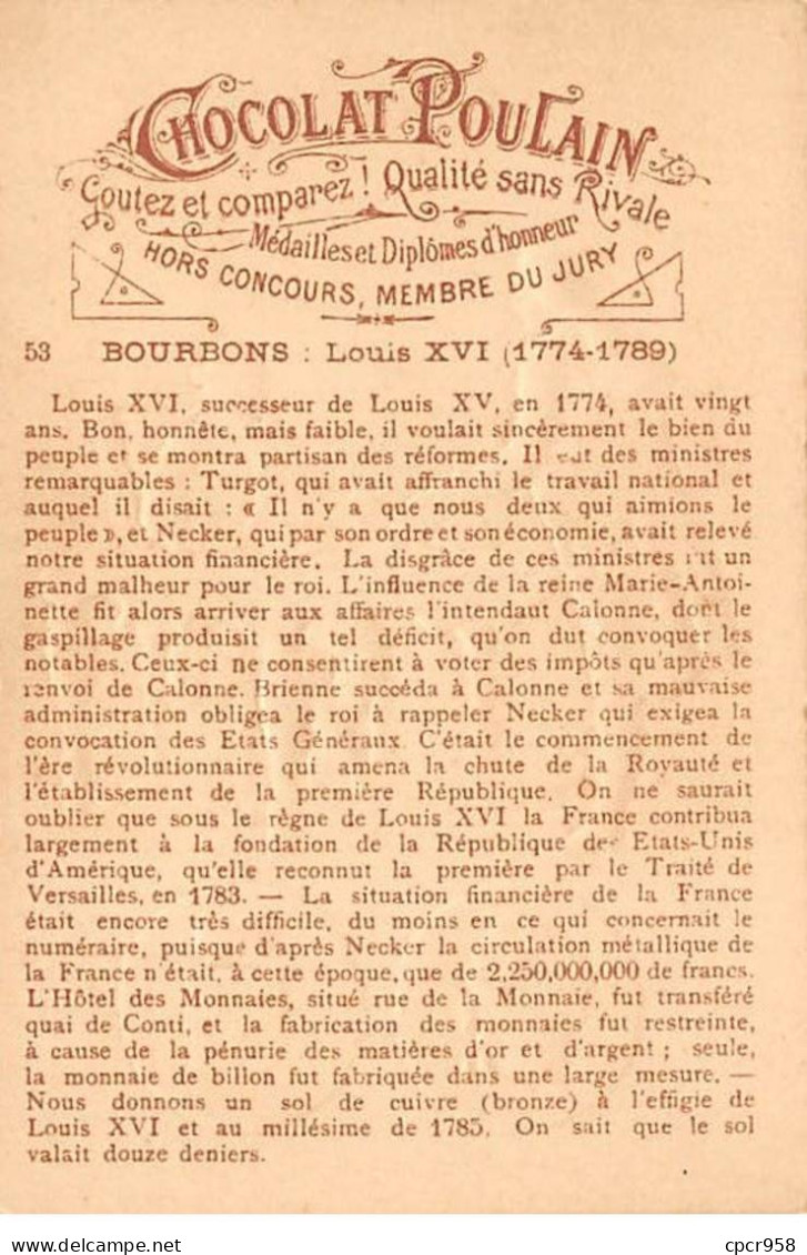 Chromos.AM14481.6x9 Cm Environ.Poulain.Histoire Générale Des Monnaies.N°53.Bourbons.Louis XVI - Poulain