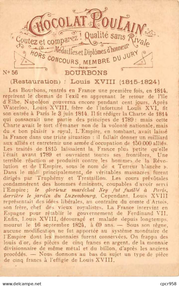 Chromos.AM14479.6x9 Cm Environ.Poulain.Histoire Générale Des Monnaies.N°56.Bourbons.Louis XVIII - Poulain