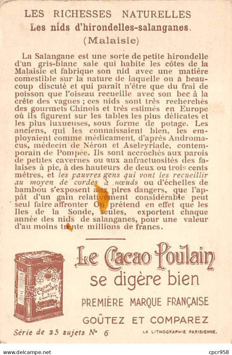 Chromos.AM16176.7x10 Cm Environ.Chocolat.Poulain.Les Richesses Naturelles.Les Nids D'hirondelles Salanganes (Malaisie) - Poulain