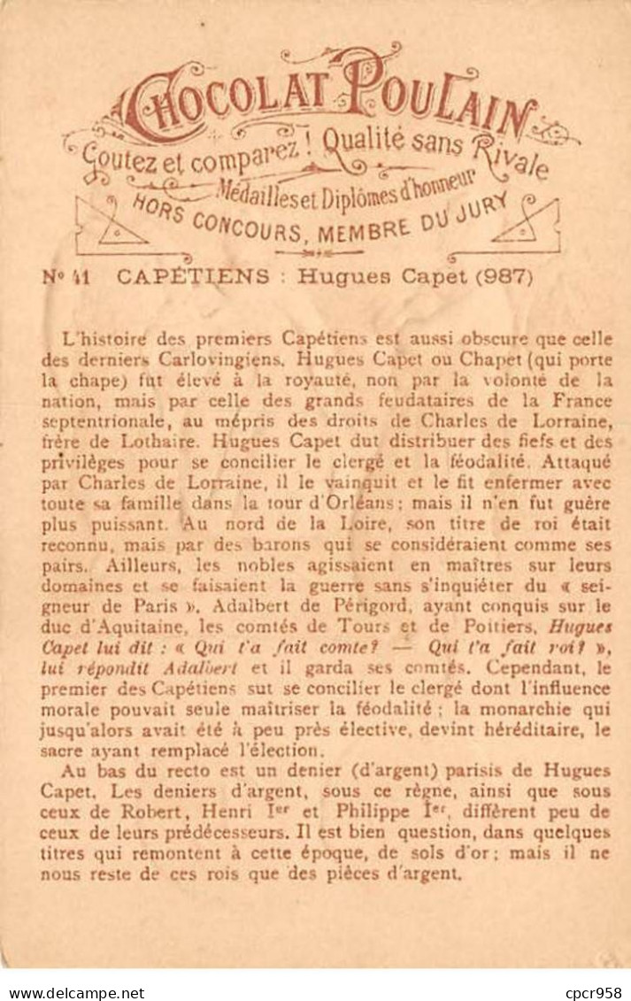 Chromos.AM14462.6x9 Cm Environ.Poulain.Histoire Générale Des Monnaies.N°41.France-Capétiens.Hugues Capet - Poulain