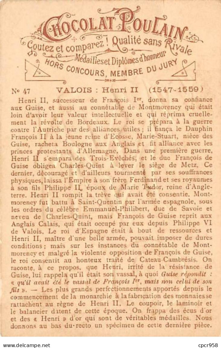 Chromos.AM14460.6x9 Cm Environ.Poulain.Histoire Générale Des Monnaies.N°47.France-Valois.Henri II - Poulain