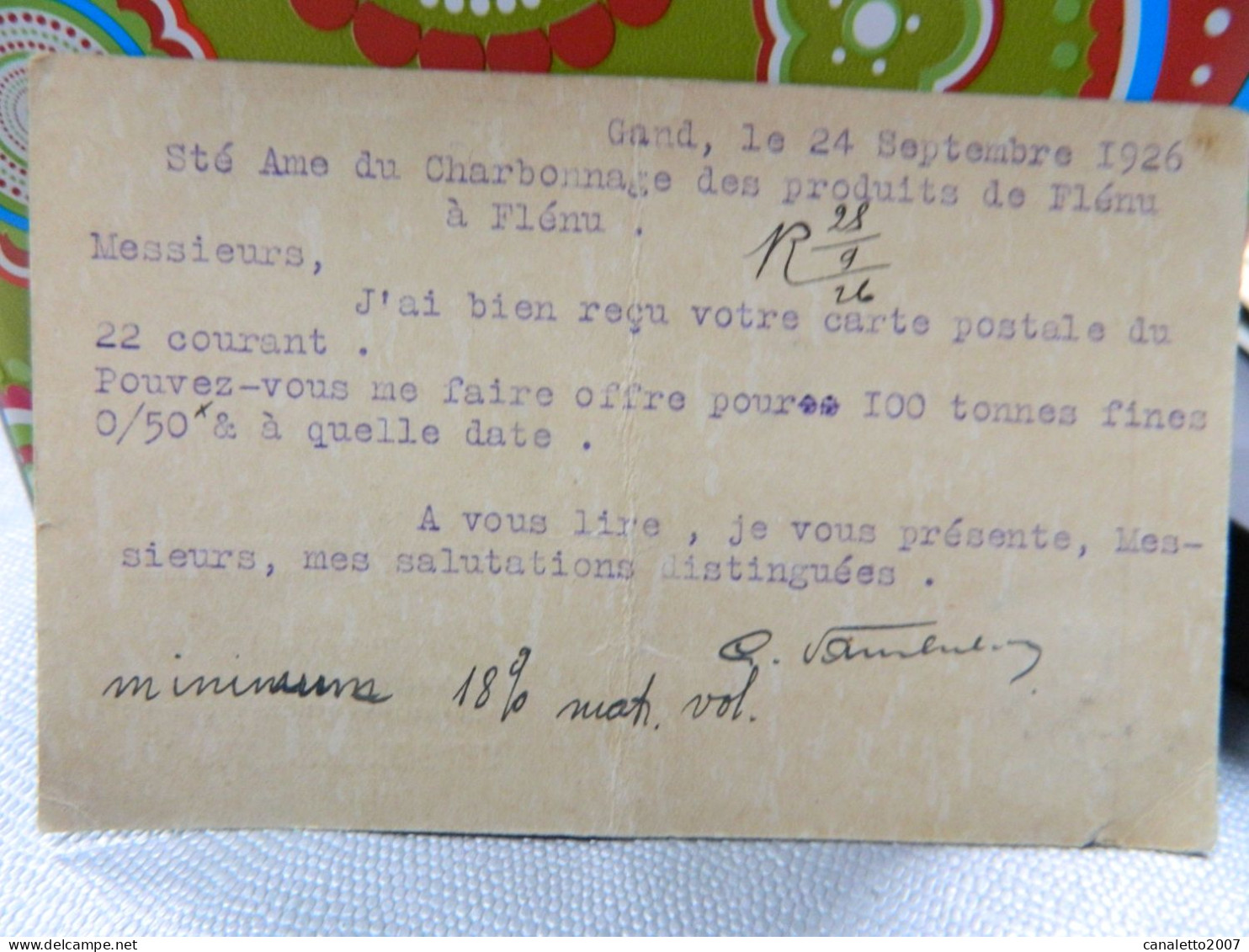 GAND:CARTE A ENTETE DE G.VAN DEN BOSSHE -CHARBON-COKES-ANTHRACITE VERS STE CHARBONNAGE DES PRODUITS FLENU 1928 - Gent