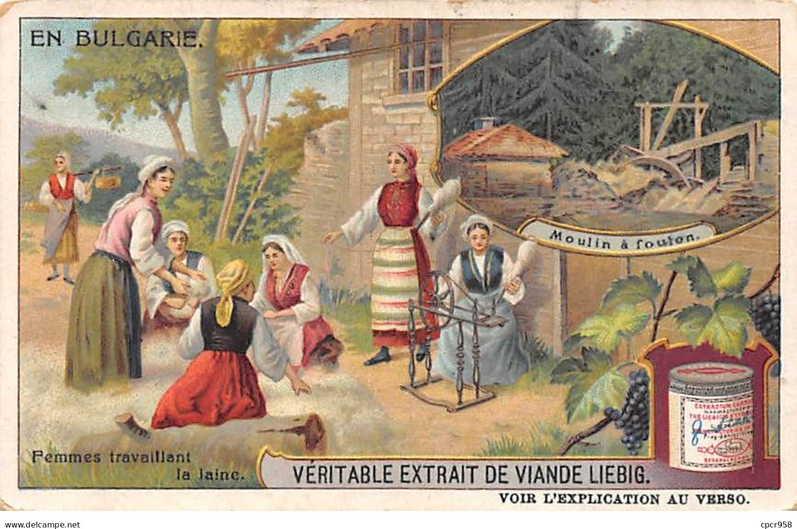 Chromos.AM16148.7x11 Cm Environ.Liebig.En Bulgarie.Femme Travaillant La Laine.Moulin à Fouton - Liebig