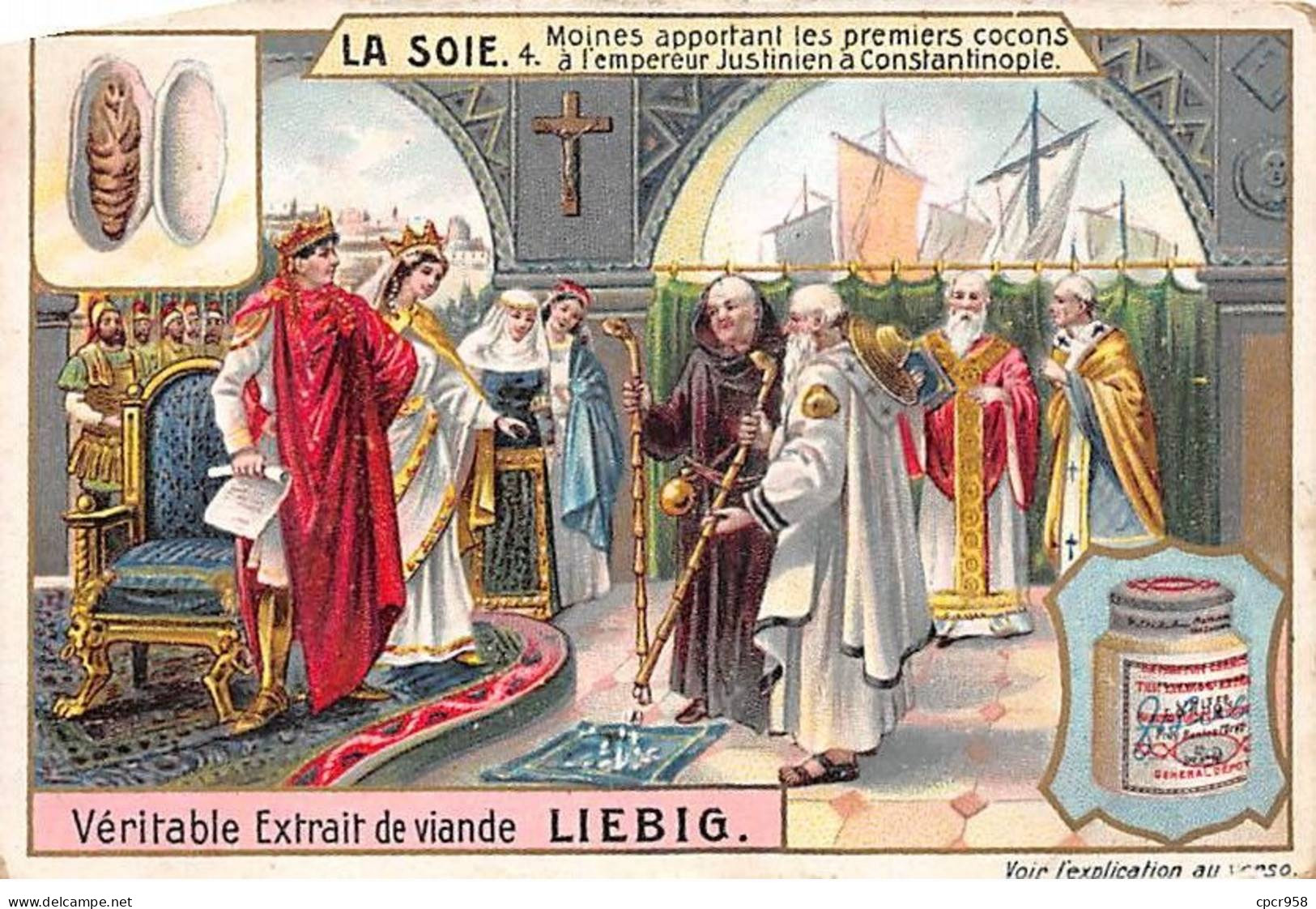 Chromos.AM13354.Liebig.La Soie.4.Moines Apportant Les Premiers Cocons à L'empereur Justinien... - Liebig