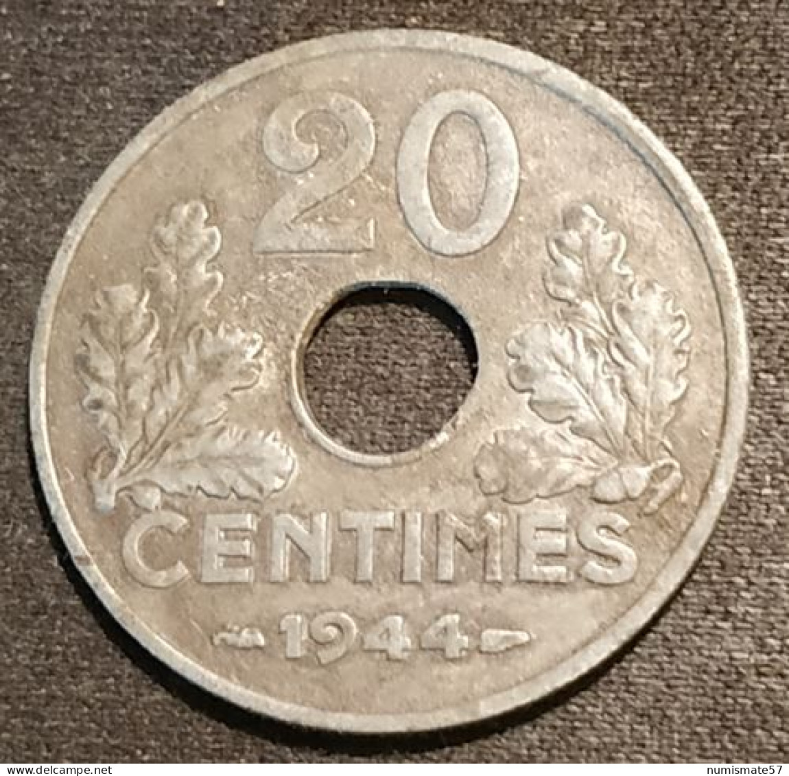 RARE - FRANCE - 20 CENTIMES 1944 - Zinc - Etat Français - Type 20 - Légère - Gad 321 - KM 900.2 - 20 Centimes