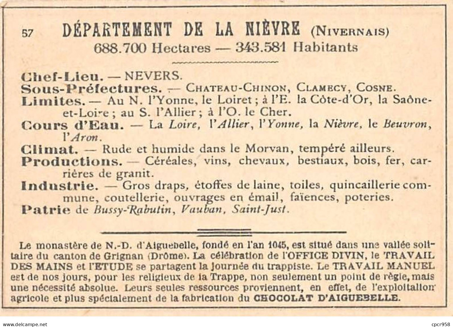 Chromos.AM14560.6x9 Cm Environ.Chocolat Aiguebelle.N°57.Nièvre.Clamecy.Nevers.Chinon - Aiguebelle