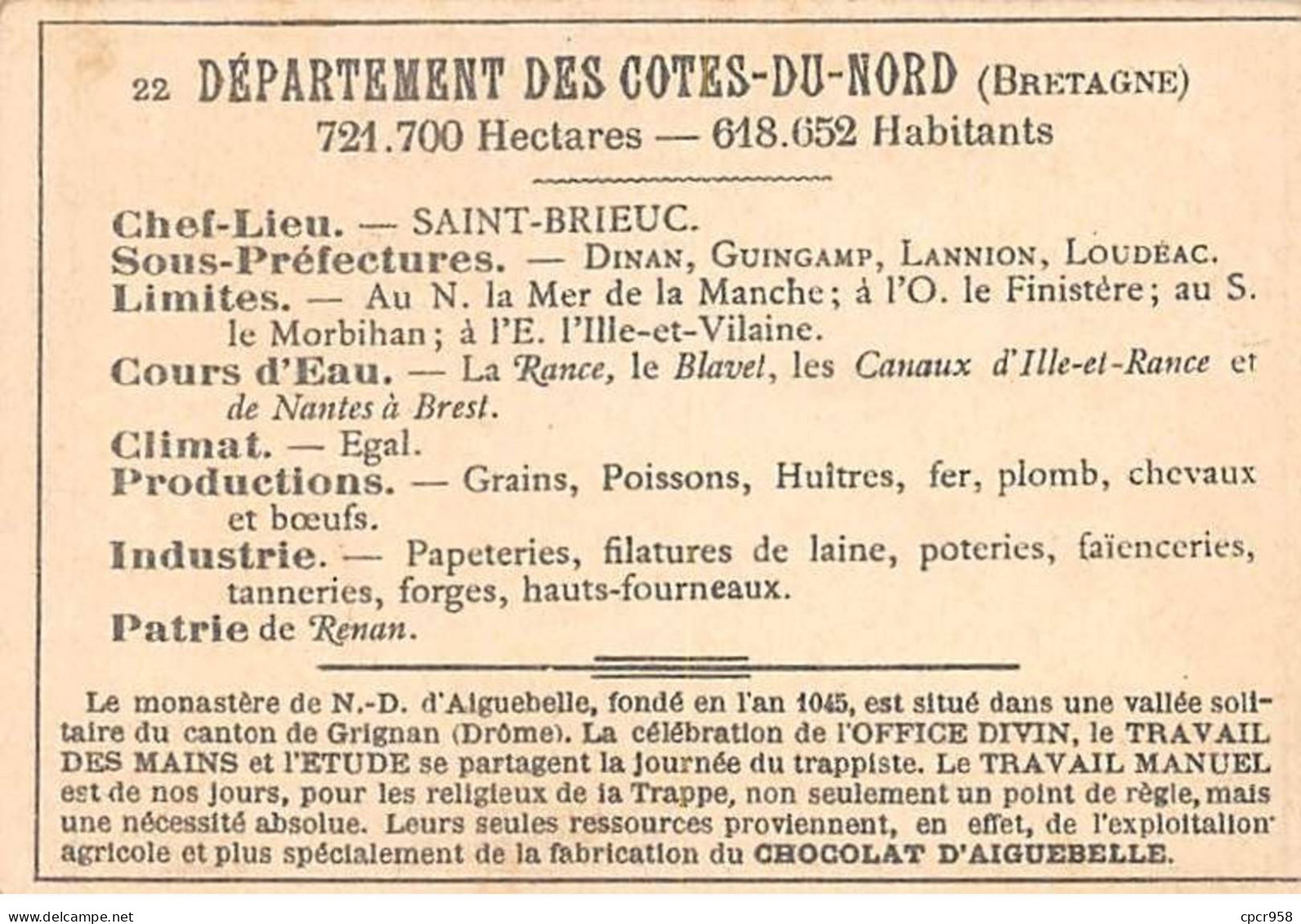 Chromos.AM14556.6x9 Cm Environ.Chocolat Aiguebelle.N°22.Cotes Du Nord.Cuingamp.Dinan.Bréhat.Saint Brieuc - Aiguebelle