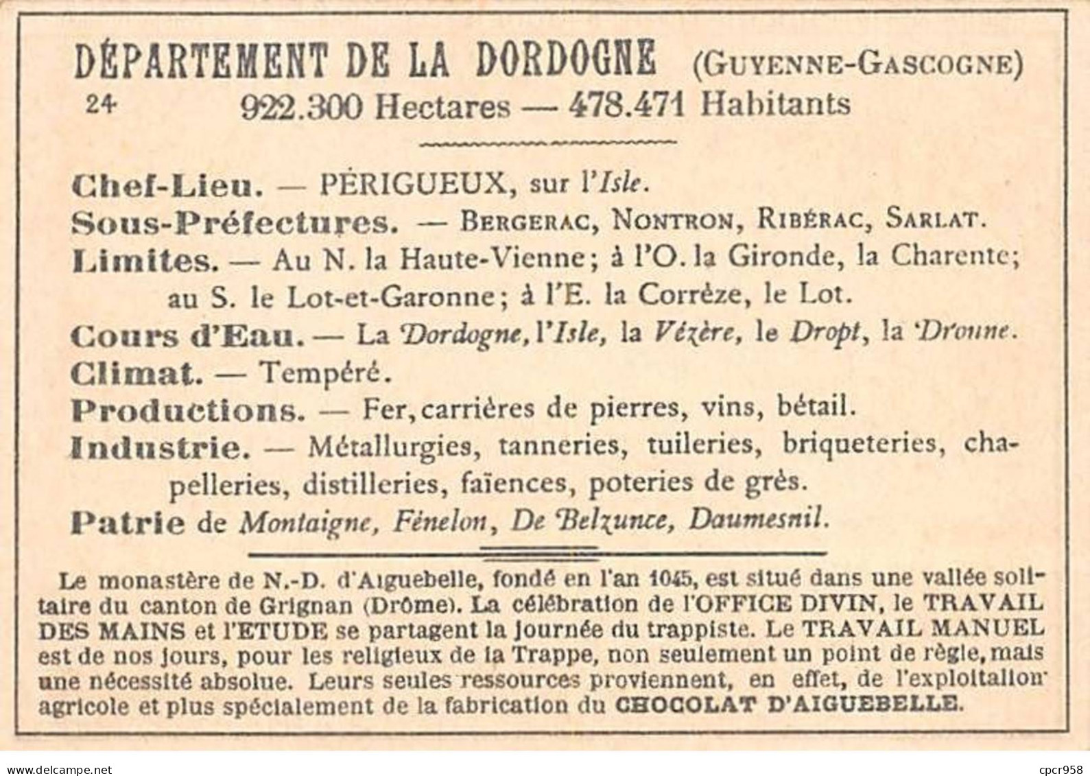 Chromos.AM14554.6x9 Cm Environ.Chocolat Aiguebelle.N°24.Dordogne.Brantôme.Périgueux.Bourdeilles.St Front - Aiguebelle