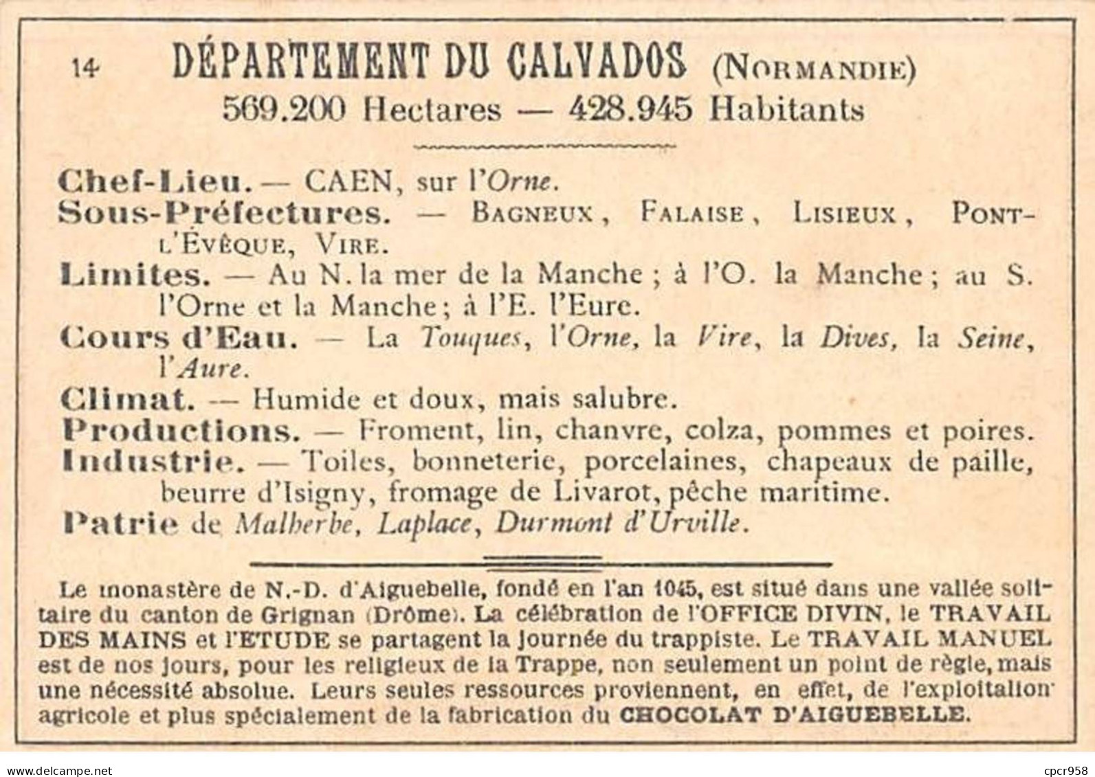 Chromos.AM14550.6x9 Cm Environ.Chocolat Aiguebelle.N°14.Calvados.St Pierre.Bayeux.Lisieux.Honfleur.Trouville - Aiguebelle