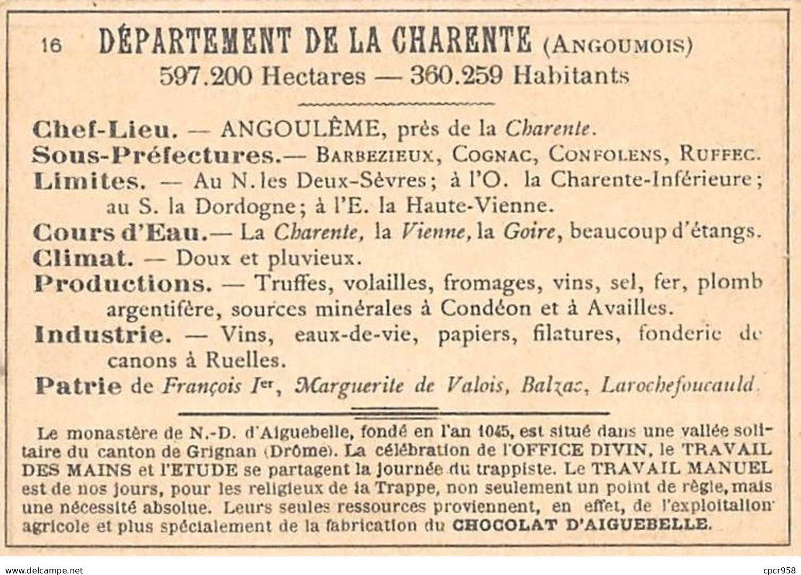 Chromos.AM14547.6x9 Cm Environ.Chocolat Aiguebelle.N°16.Carte Charente.Angoulème.Larochefoucault - Aiguebelle