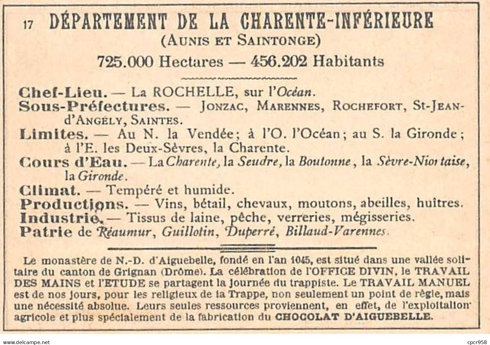 Chromos.AM14546.6x9 Cm Environ.Chocolat Aiguebelle.N°17.Charente Inférieure.La Rochelle.Saintes.Merennes.Rochefort - Aiguebelle