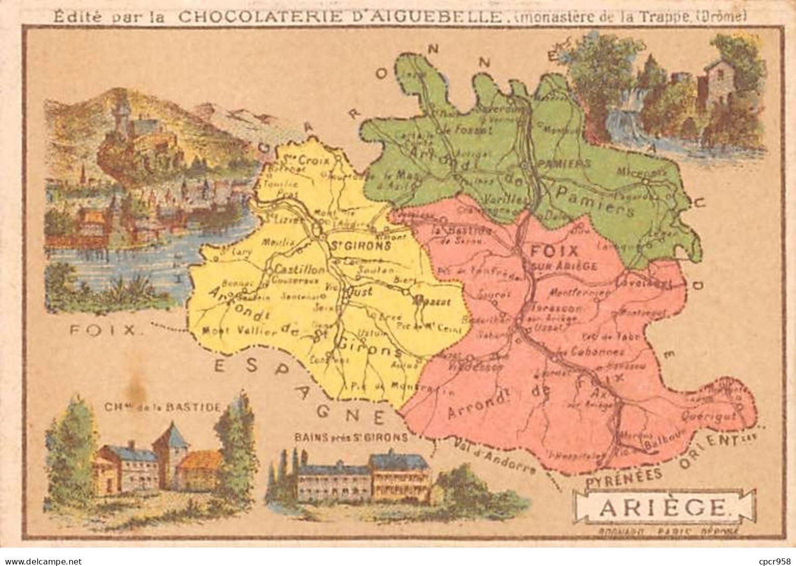 Chromos.AM14543.6x9 Cm Environ.Chocolat Aiguebelle.N°9.Carte Ariège.Foix.St Giron - Aiguebelle