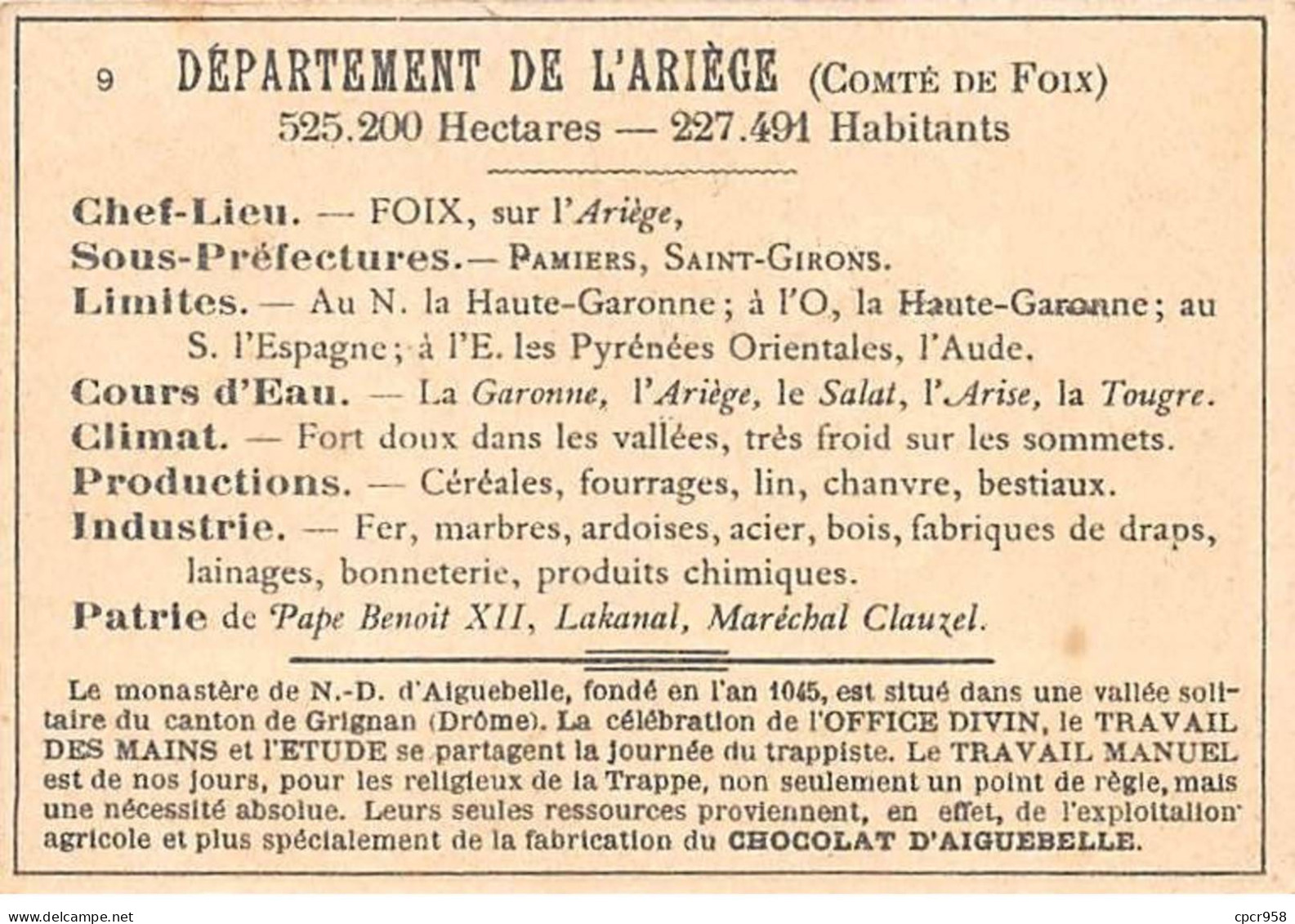 Chromos.AM14543.6x9 Cm Environ.Chocolat Aiguebelle.N°9.Carte Ariège.Foix.St Giron - Aiguebelle