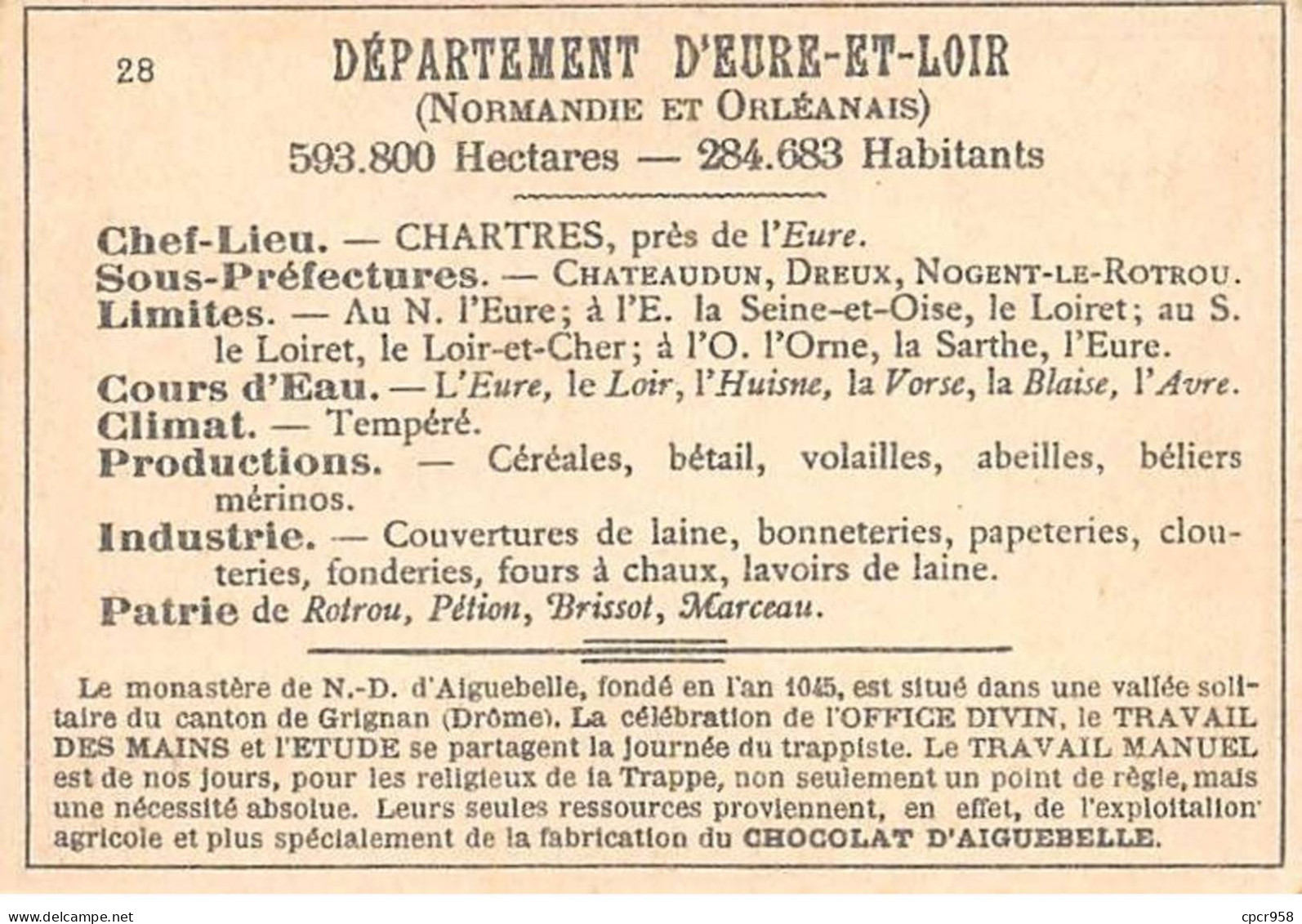 Chromos.AM14540.6x9 Cm Environ.Chocolat Aiguebelle.N°28.Carte Eure Et Loir.Maintenon.Chateaudun.Chartres.Dreux - Aiguebelle