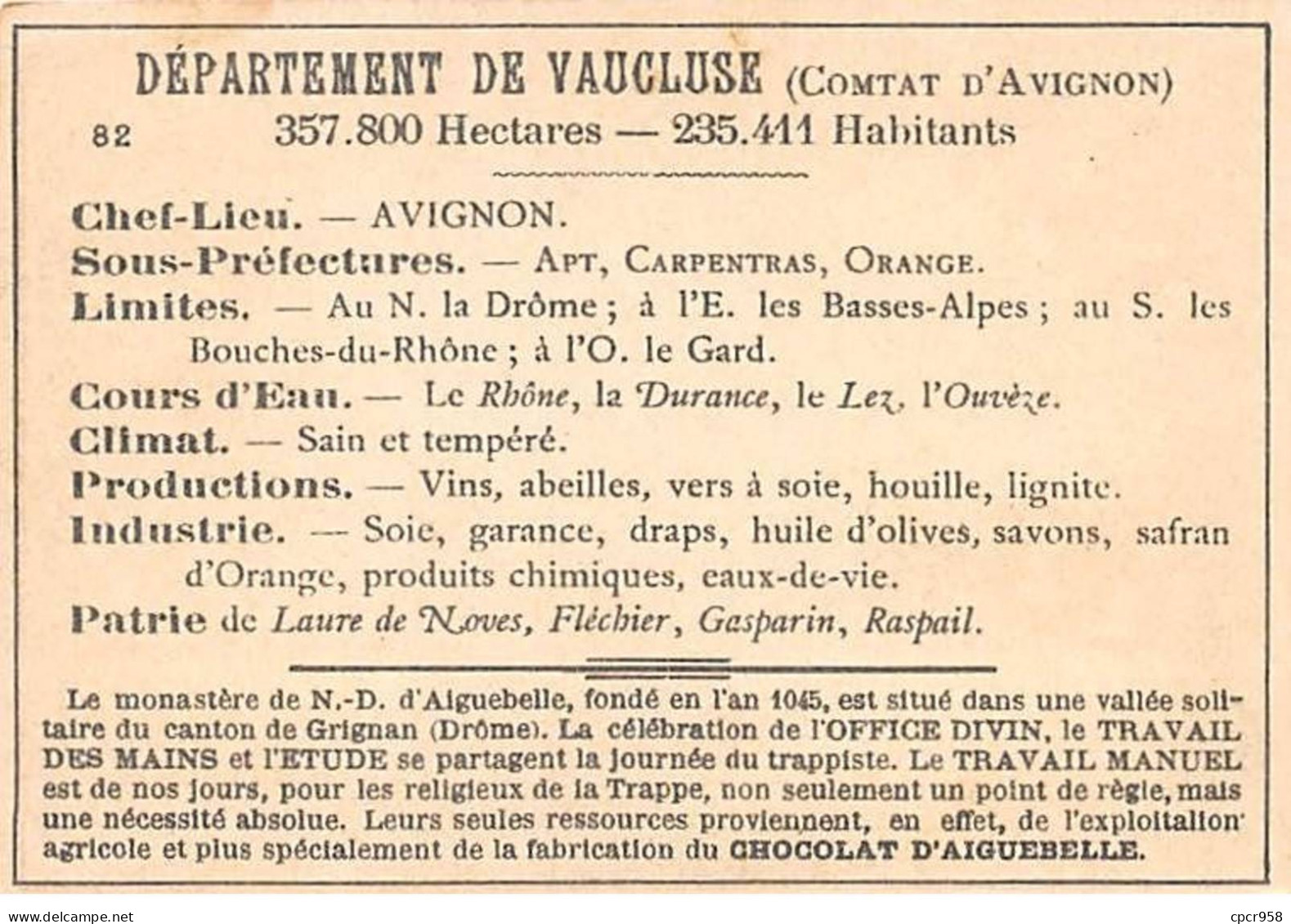 Chromos.AM14537.6x9 Cm Environ.Chocolat Aiguebelle.N°82.Carte Vaucluse.Avignon.Orange.APT.Carpentras - Aiguebelle