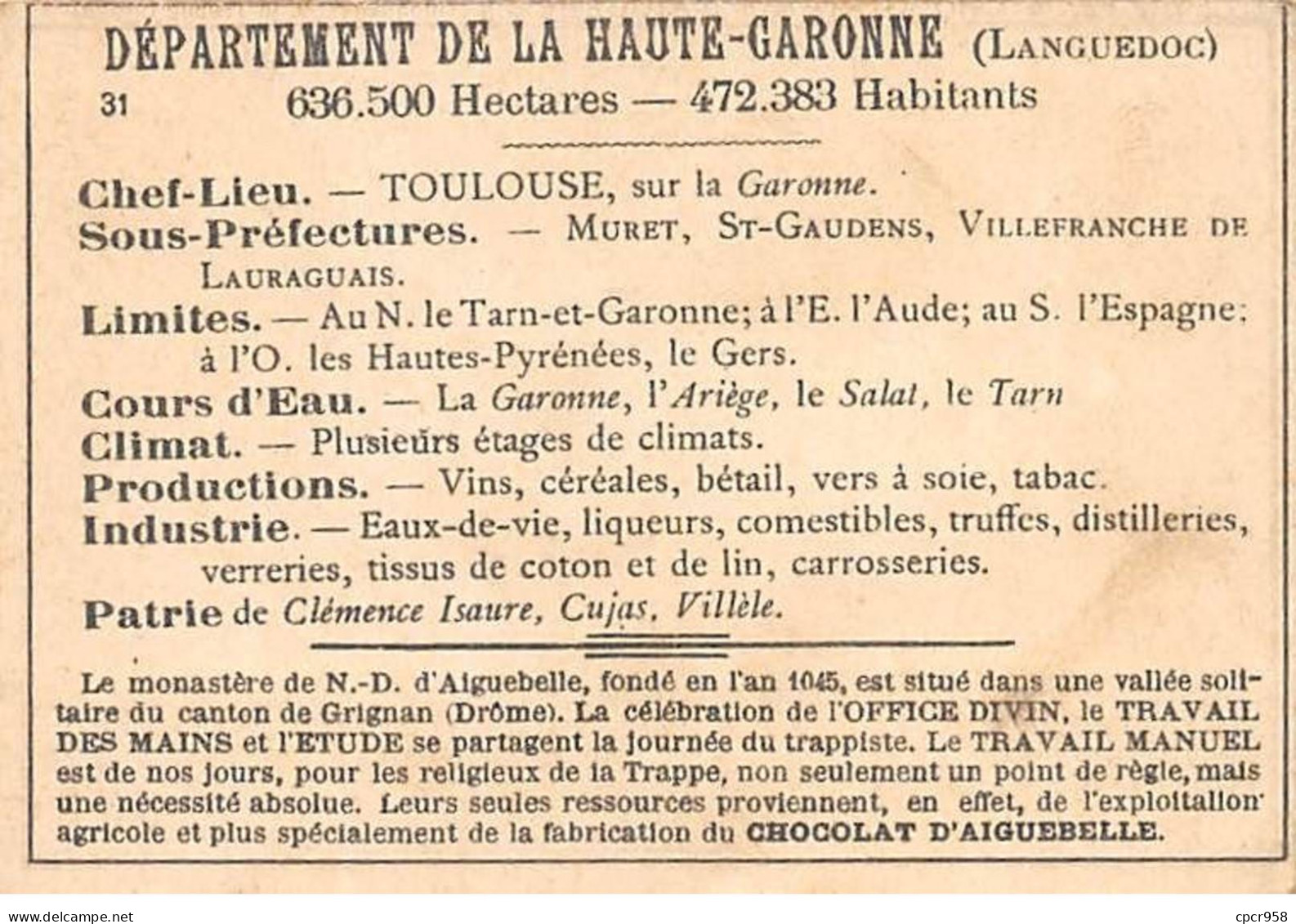 Chromos.AM14538.6x9 Cm Environ.Chocolat Aiguebelle.N°31.Carte Haute-Garonne.Toulouse.Lac D'OO - Aiguebelle