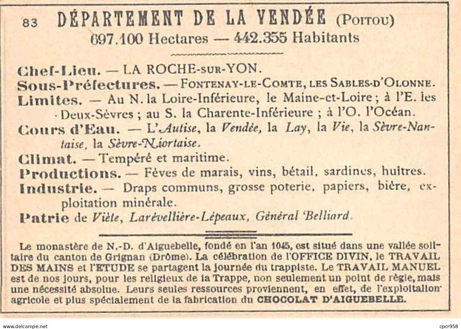 Chromos.AM14536.6x9 Cm Environ.Chocolat Aiguebelle.N°83.Carte Vendée.Luçon.Noirmoutier.Les Sables D'Olonne - Aiguebelle