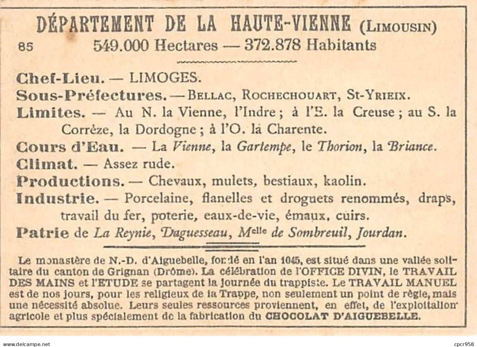 Chromos.AM14534.6x9 Cm Environ.Chocolat Aiguebelle.N°85.Carte Haute Vienne.Limoges.Bellac.St Junien.Rochechouart - Aiguebelle