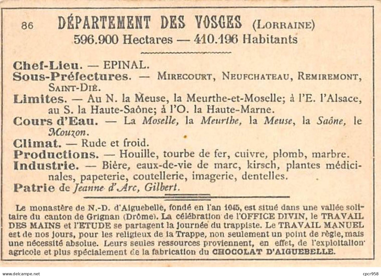 Chromos.AM14533.6x9 Cm Environ.Chocolat Aiguebelle.N°86.Carte Vosges.Epinal.St Dié.Plombières.Mirecourt.Remirémont - Aiguebelle