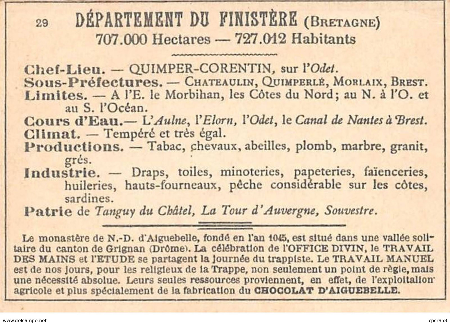 Chromos.AM14539.6x9 Cm Environ.Chocolat Aiguebelle.N°29.Finistère.Morlaix.Landerneau.Brest.Quimper.St Pol De Léon - Aiguebelle