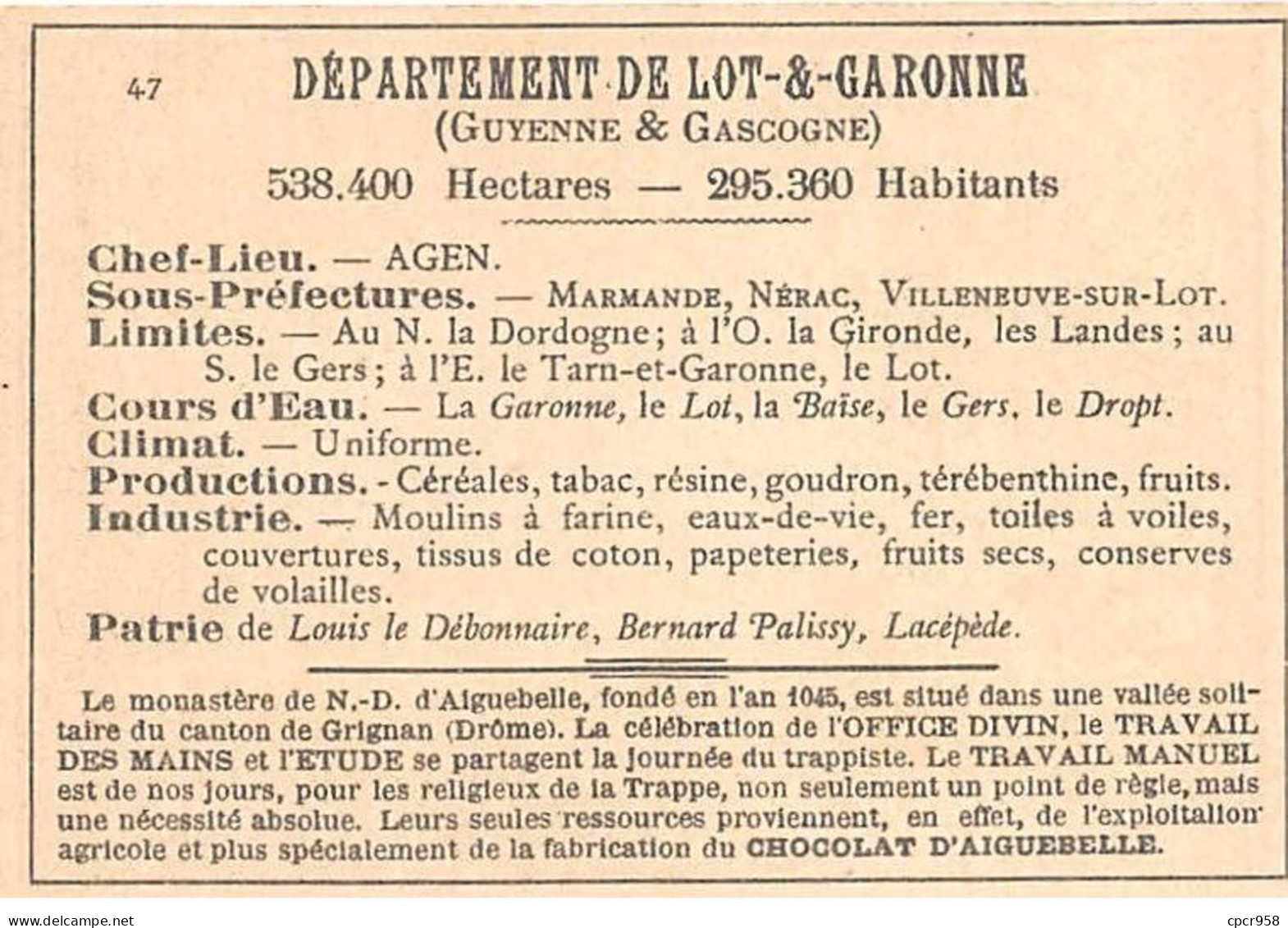Chromos.AM14525.6x9 Cm Environ.Chocolat Aiguebelle.N°47.Carte Lot Et Garonne.Agen.Nérac.Moirax - Aiguebelle