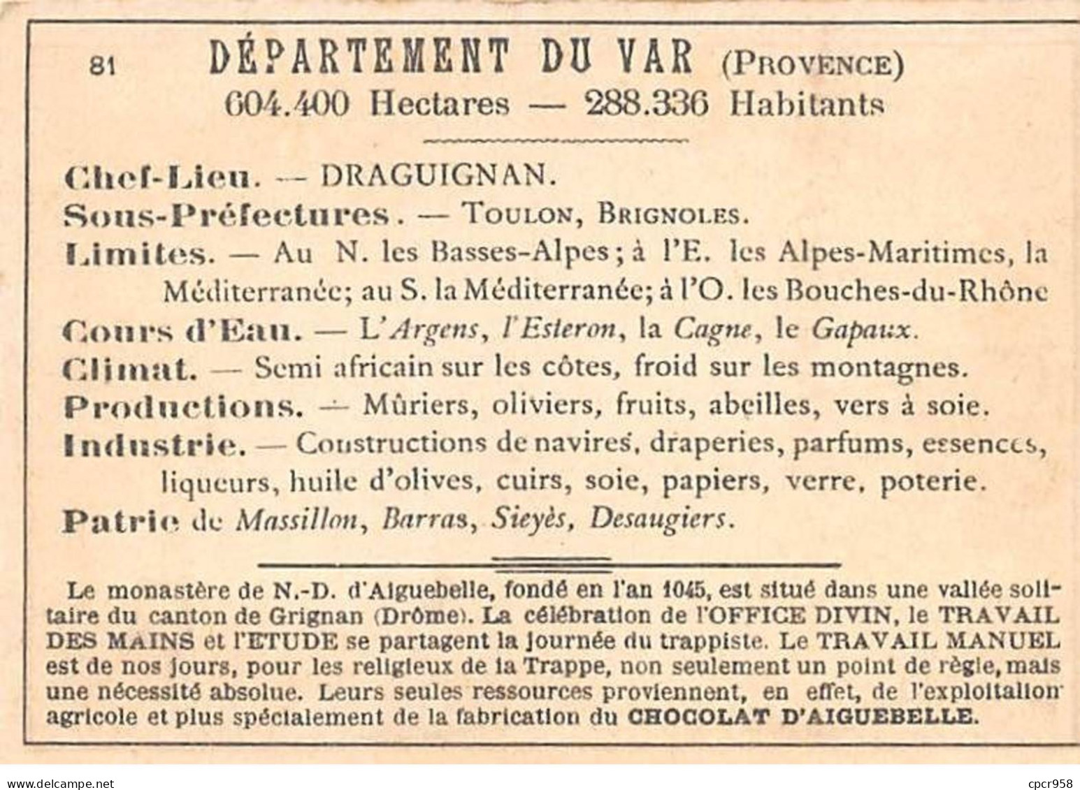 Chromos.AM14522.6x9 Cm Environ.Chocolat Aiguebelle.N°81.Carte Var.Fréjus.Toulon.Draguignan.Gorges D'Ollioules.Hyères - Aiguebelle