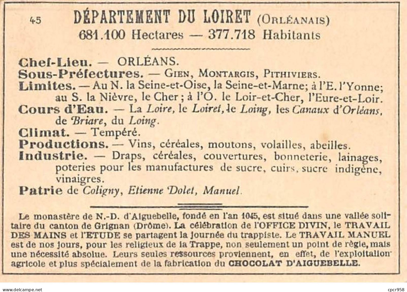 Chromos.AM14527.6x9 Cm Environ.Chocolat Aiguebelle.N°45.Carte Loiret.Orléans.Beaugency.Montargis.Pithiviers.Gien - Aiguebelle