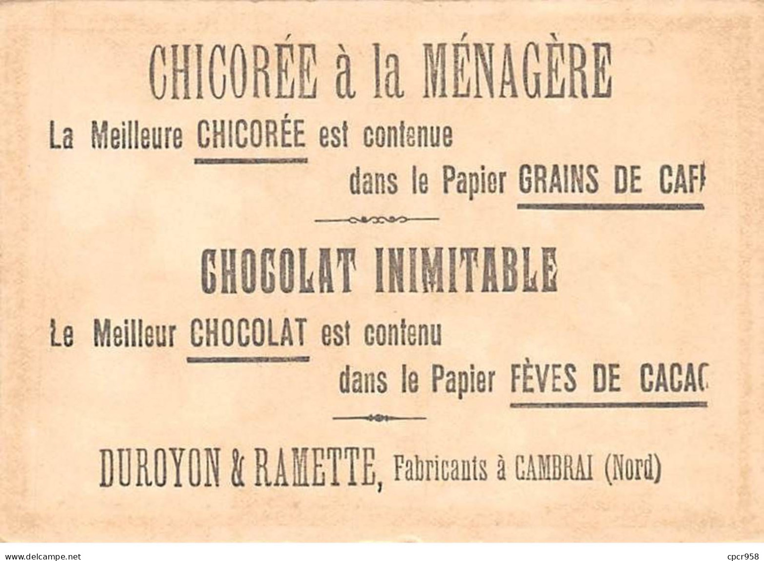 Chromos -COR10925- Chocolat Duroyon Et Ramette- Cambrai- Hommes- Soldats- Fusil -  7x10cm Env. - Duroyon & Ramette